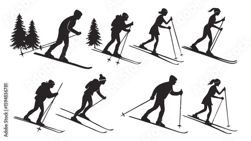 Diverse black and white vector silhouettes of cross-country skiers, men and women, performing various Nordic skiing techniques in winter landscapes.