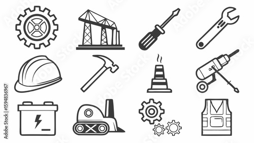 Black and white line art vector icons of construction tools, engineering equipment, and industrial machinery, including hard hats, cranes, gears, and drills.