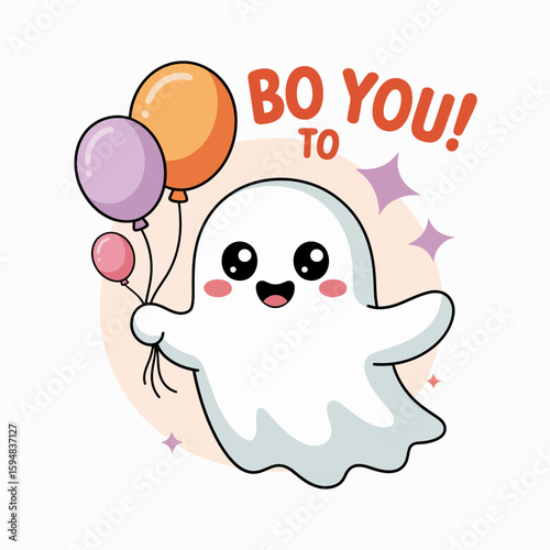 Excited cartoon ghost with bright balloons, boo to you message, soft stars around, joyful Halloween pop art vector  