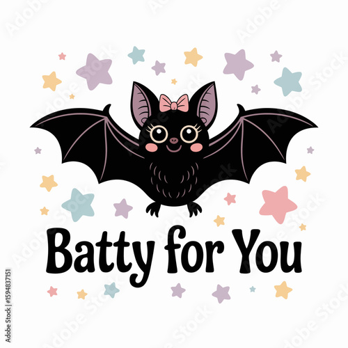 Bat with outstretched wings and starry background, batty for you pun, sweet spook design, gentle Halloween cartoon feel  