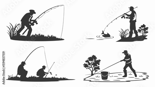 Set of four black silhouette vector illustrations depicting fishermen with rods and reels in outdoor nature scenes, perfect for angling hobbies.