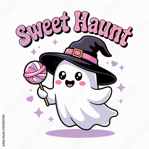 Happy ghost with lollipop and witch hat, sweet haunt label, playful Halloween design, magical candy-loving spirit cartoon  
