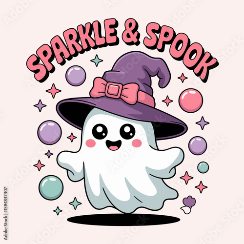 Happy ghost with sparkles and bow on witch hat, sparkle and spook caption, floating with sweetness, soft pastel theme vector  
