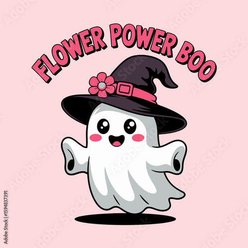 Smiling ghost styled with pink bow witch hat, shine and spook phrase, surrounded by colorful stars, vibrant Halloween vibe  