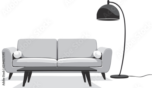 A white couch with a black lamp on the floor