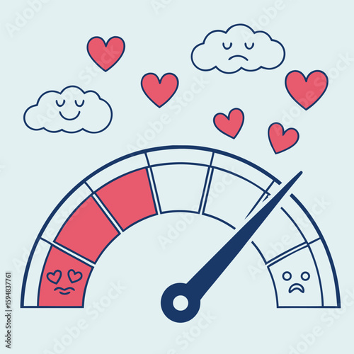 Gauge showing emotional state with hearts and sad clouds indicating mood measurement and feelings level