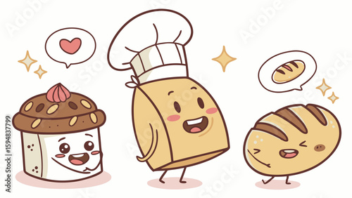 Charming Kawaii baking characters vector art with happy cupcake, chef flour bag, and smiling bread loaf, perfect for bakery themes.