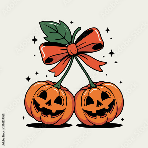 Classic Halloween pumpkin duo tied with bow, shining eyes and curved stems, orange jack o lantern twins cartoon display  