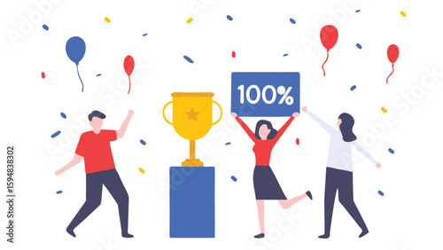 People celebrating with trophy balloons and confetti holding a sign showing hundred percent