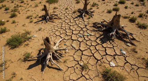 Dried-up tree stumps litter a cracked, arid landscape strewn with plastic waste.  A stark image of environmental damage and drought. Possibly Aral Sea region.