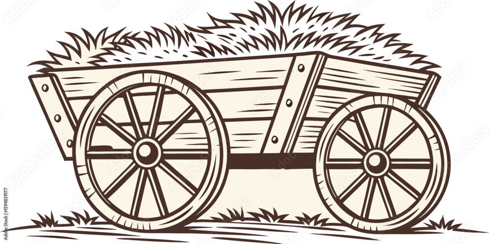 Fototapeta premium Vintage Wooden Cart with Hay – Hand-Drawn Farm Illustration
