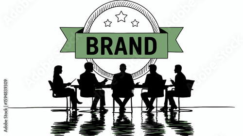 Silhouette of business people at a table with brand logo above them in a meeting setting design