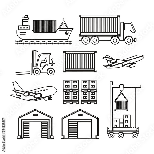 Cargo ship truck forklift airplane warehouse crane and containers container truck
