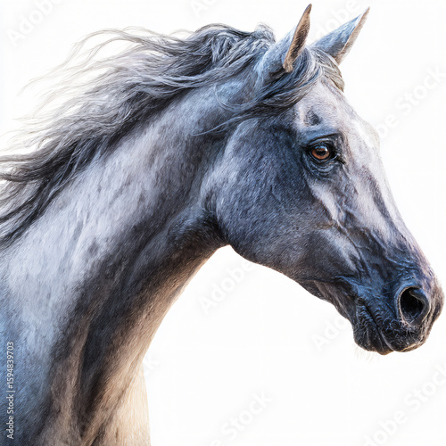 Majestic Gray Horse Portrait Powerful Equine Head Profile Rural Closeup Expressive Mane Wild Stunning Vibrant Bestial Freedom Detailed Animal Photography Pastoral Landscape Artistic Beauty 