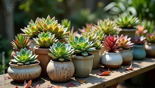 Wallpaper Mural Assortment of Succulent Plants in Ceramic Pots on a Wooden Table Torontodigital.ca