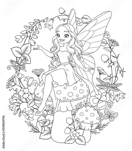 Beautiful fairy with wings sitting on a mushroom surrounded by flowers. Vector coloring page illustration.