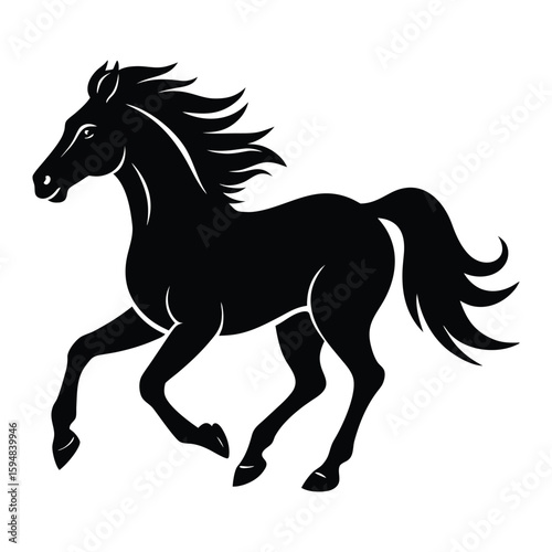 Black silhouette of a galloping horse with flowing mane and tail