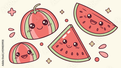 Kawaii cartoon watermelon illustration with cute smiling whole fruits and cut slices, hand-drawn vector art perfect for sweet summer designs and happy food themes.