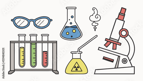 Colorful science lab equipment vector illustration set with test tubes, microscope, flasks, and safety glasses for chemistry experiments and education.