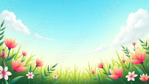 Cartoon Spring Landscape with Pink Flowers Green Grass and Blue Sky