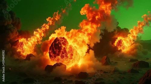 Fiery meteors streak across a rocky alien landscape, casting an ominous glow over the terrain and creating a dynamic cosmic scene.