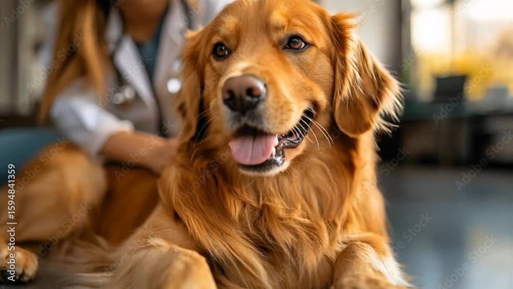 Patient Dog's Delight: A friendly golden retriever receives gentle care from a veterinary doctor, expressing contentment and relaxation. Patient Dog's Delight: A friendly golden retriever receives gentle care from a veterinary doctor, expressing contentment and relaxation.
