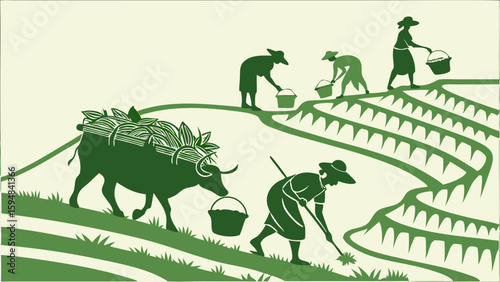Traditional Asian Rice Farming Green Silhouette Illustration Terraced Paddy Fields Farmers Working Water Buffalo Carrying Harvested Crops Rural Landscape