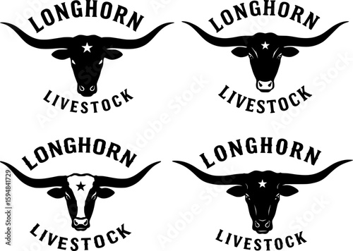 Longhorn livestock logo collection with bull heads and text black circular emblems western ranch cattle design elements set