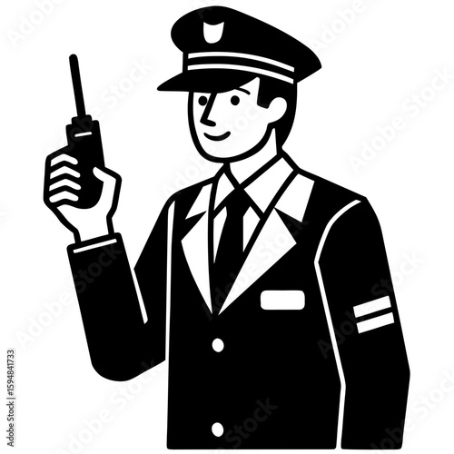 Security guard holding radio communication device silhouette vector illustration
