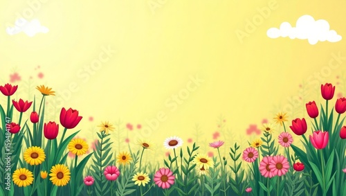 Colorful Floral Meadow with Red Tulips Yellow Daisies and White Clouds
