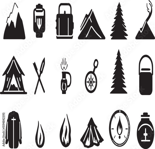 A collection of camping icons including mountains, tents, compasses, and other outdoor essentials