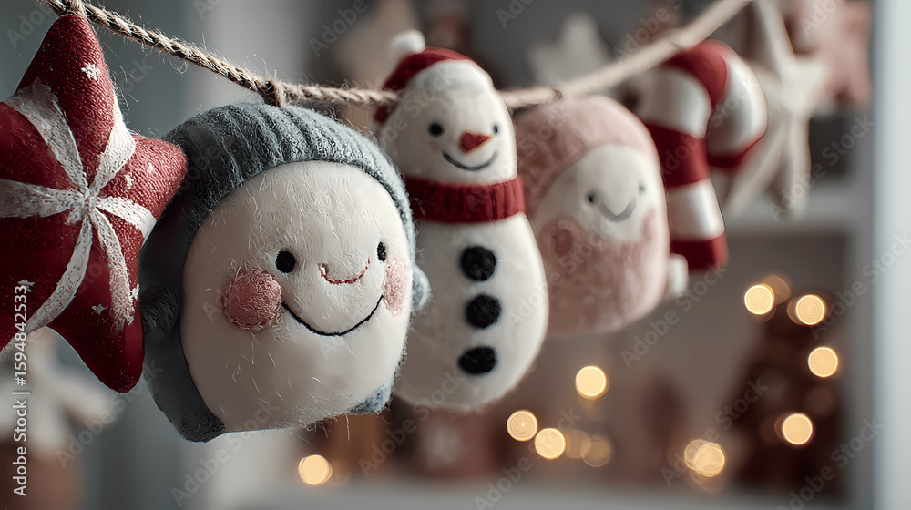 Naklejka premium Charming handmade Christmas ornaments hanging with blurred background and bokeh lights.