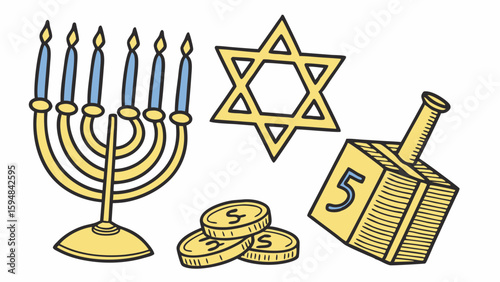 Vibrant hand-drawn Jewish holiday symbols illustration featuring a golden menorah with blue candles, Star of David, dreidel, and chocolate gelt coins for celebration.