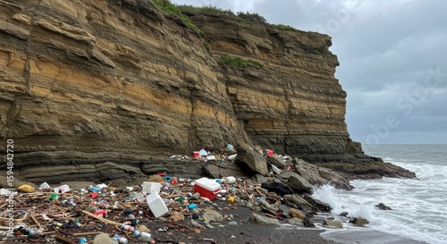 Ocean pollution: Plastic waste and debris accumulated on a beach next to a dramatic cliff face. The image highlights the environmental problem of plastic pollution impacting coastal ecosystems.