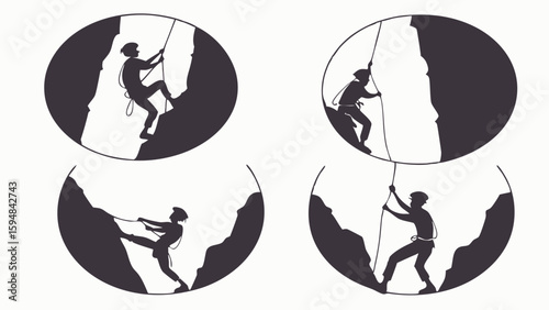 Dynamic black and white silhouette art of rock climbers ascending and rappelling mountains, showcasing various climbing techniques in circular frames.