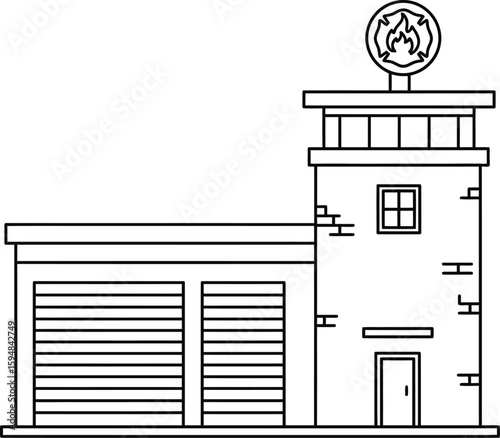Line Art Fire Station Design A simple, black and white representation of a fire station for coloring pages and educational materials to convey safety and community services. 