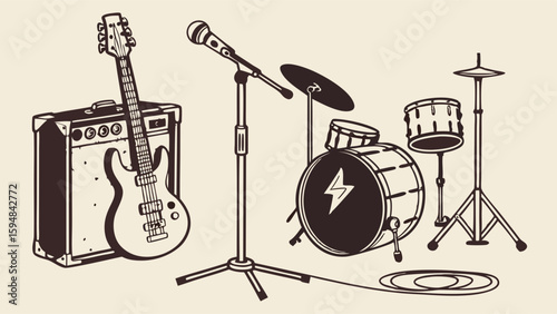 Detailed vintage monochrome illustration of classic rock band instruments featuring an electric guitar, amplifier, microphone, and a complete drum set with a lightning bolt.