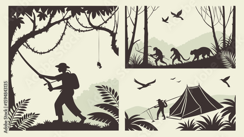 Silhouetted outdoor adventure vector set featuring jungle exploration, human evolution, and wilderness camping scenes. Nature survival graphics.