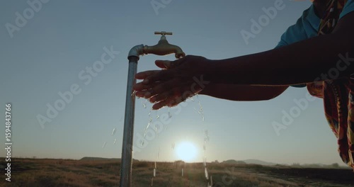 Backlit cropped close-up of a Black African woman in traditional clothing washing her hands at a faucet at sunset