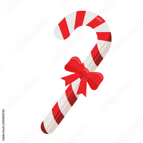 Red and white striped candy cane with glossy red bow. Vector illustration on transparent background. Christmas graphics, festive packaging, clipart collections, and seasonal design projects.