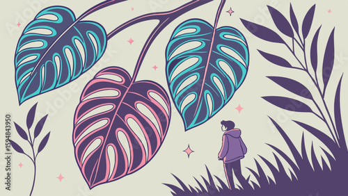 Colorful Digital Art of a Person Admiring Giant Monstera Adansonii Leaves. Whimsical Botanical Illustration for Plant Lovers and Nature Enthusiasts.