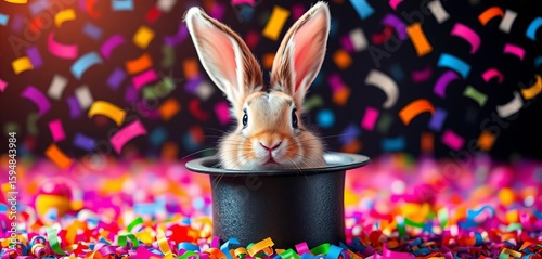 A vibrant rabbit pops from a top hat, surrounded by colorful confetti,  illustration,  digital art
