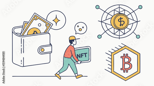 Minimalist line art illustration showing crypto wallet, person with NFT, Bitcoin, and decentralized digital currency. Blockchain finance concepts.