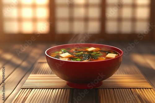 Bowl of hot miso soup with steaming vapor.