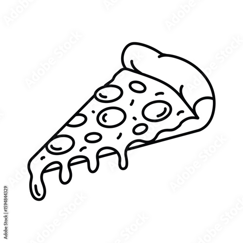 Delicious Pizza Slice Black and White Line Art with Melting Cheese