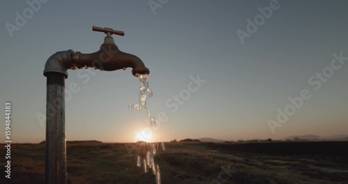 Backlit close-up of water running out at a faucet at sunset
