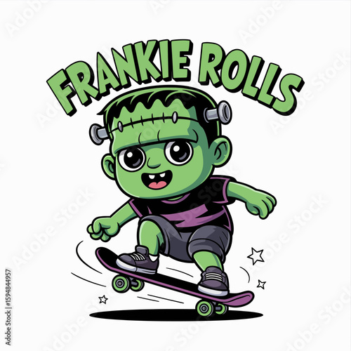 Frankenstein boy skateboarding fast, frankie rolls text, extreme Halloween sport, spooky skating monster vector cartoon  