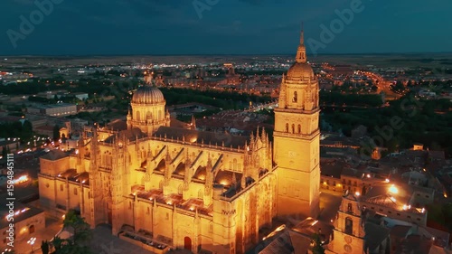 Aerial view of the historic cityscape of Salamanca at night, Spain