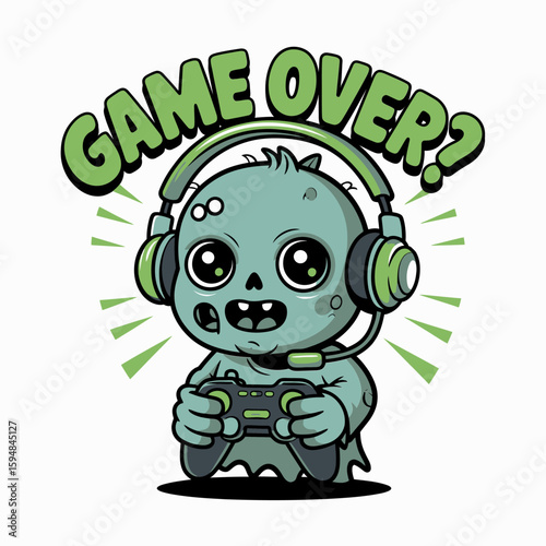Green space gamer with headset, game over phrase, cute alien holding controller, fun gaming themed vector art  