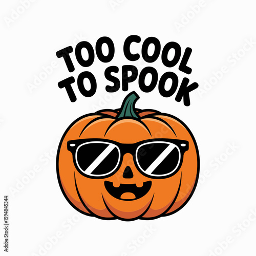 Smirking Halloween pumpkin in sunglasses, too cool to spook design concept, confident jack o lantern character, fun vibe vector  